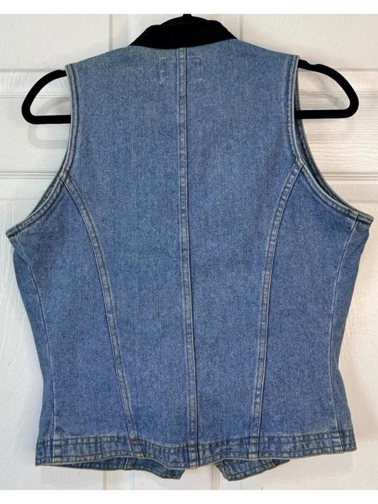 Vintage 90s Friends 90210 Denim Vest With Black Velvet Collar Large - Picture 3 of 4